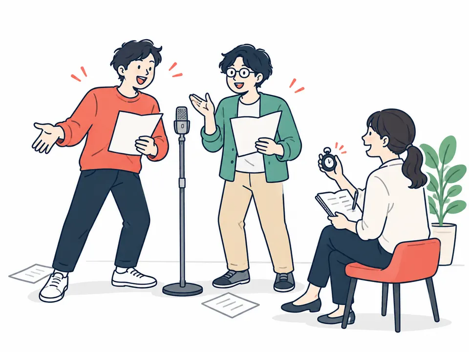 台本を使って稽古する3人