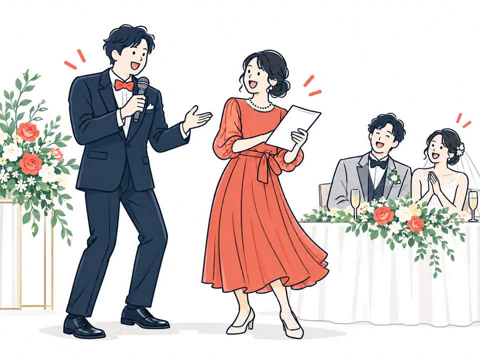 マイクと紙を手に余興をする男女と、笑顔で見守る新郎新婦