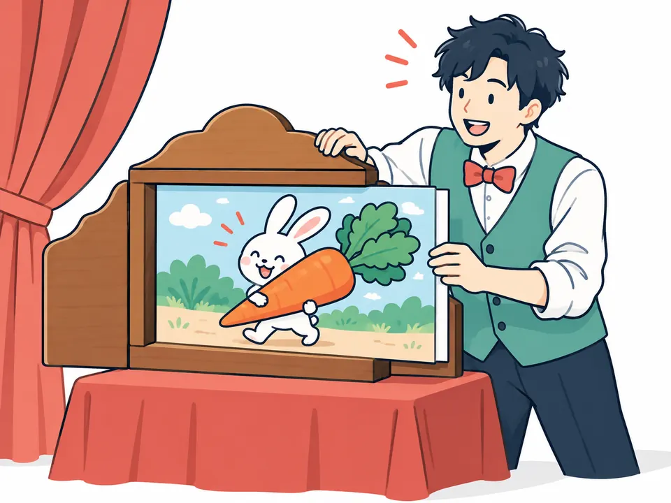 木の枠に入れた紙芝居の絵を引き抜きながら読む男性