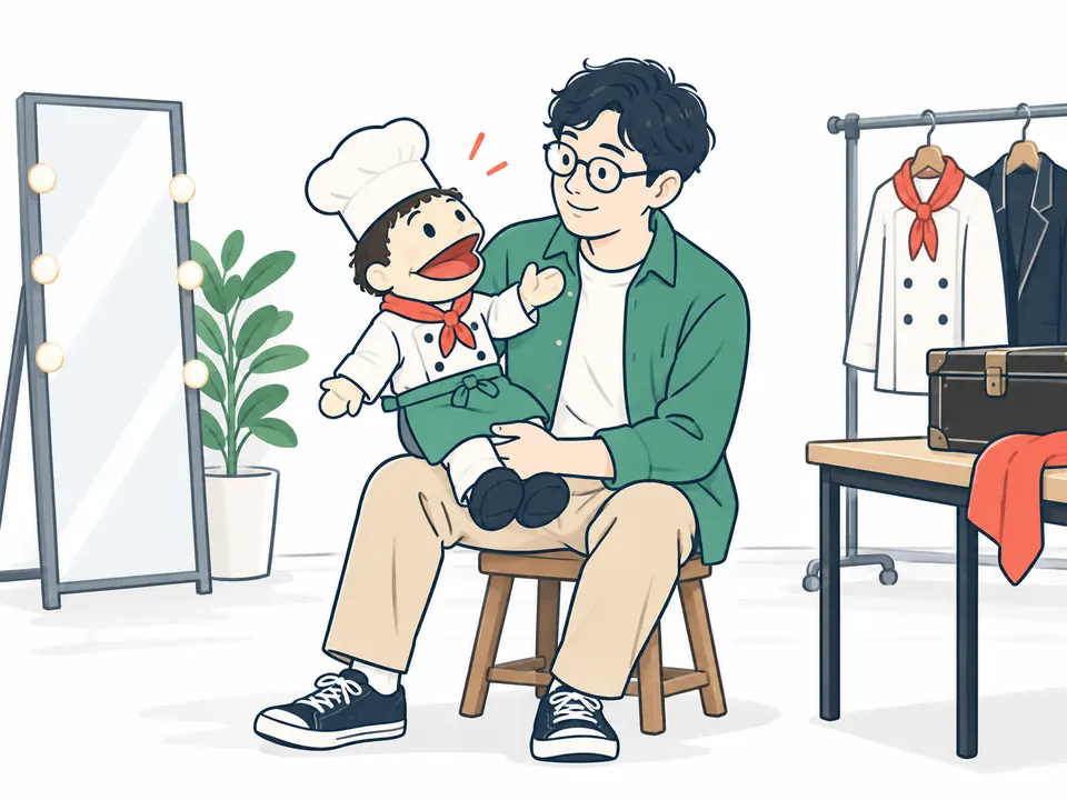 楽屋でコック帽の人形をひざにのせ、掛け合いを練習する男性