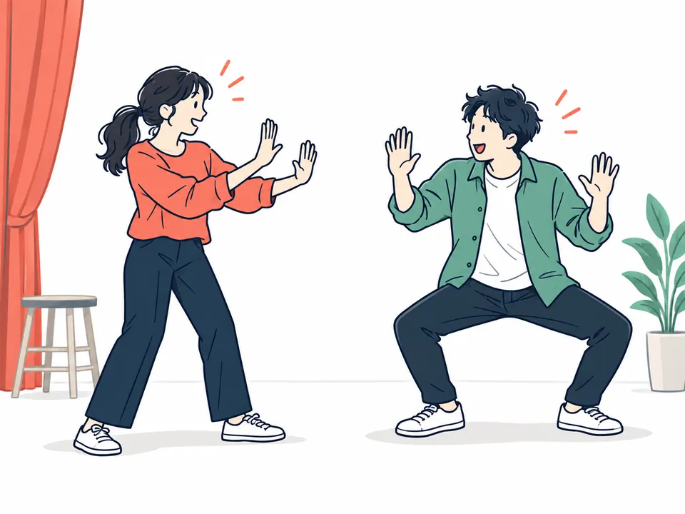 向かい合って両手を前に出し、鏡のように動きを合わせる2人