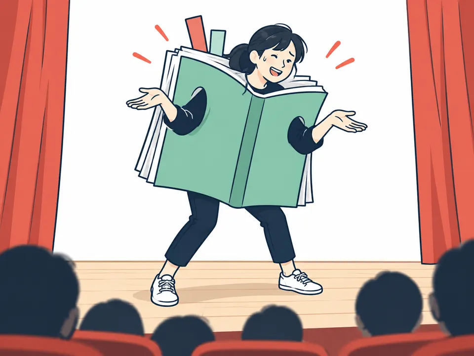 大きなノートの形の衣装を着て、舞台の上で身ぶりをする女性