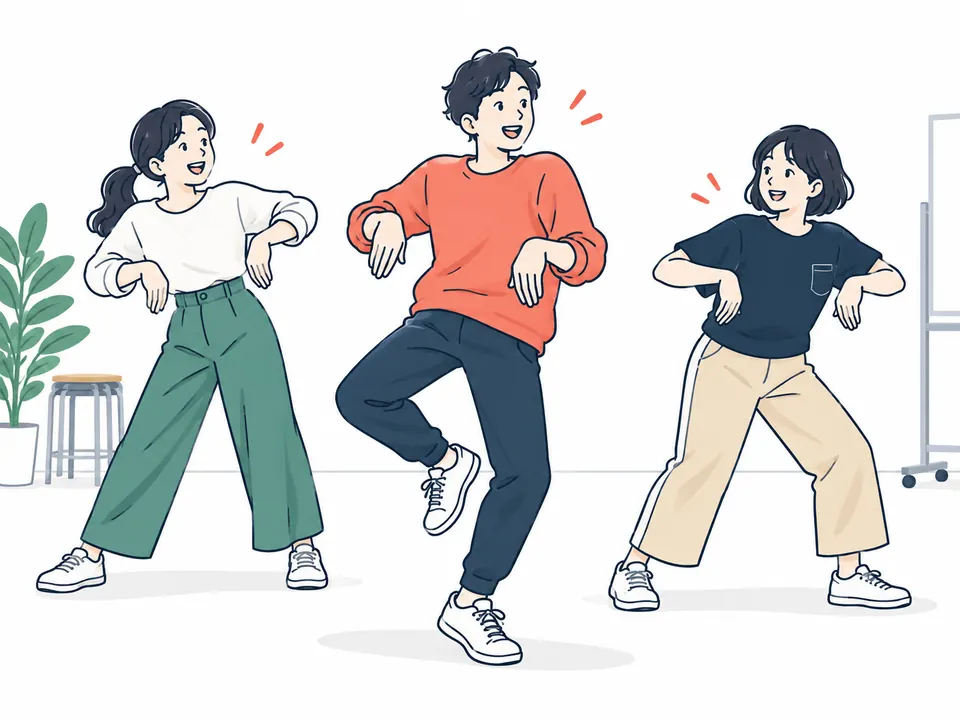 手首を曲げたそろいのポーズで、楽しそうに踊る3人の社員