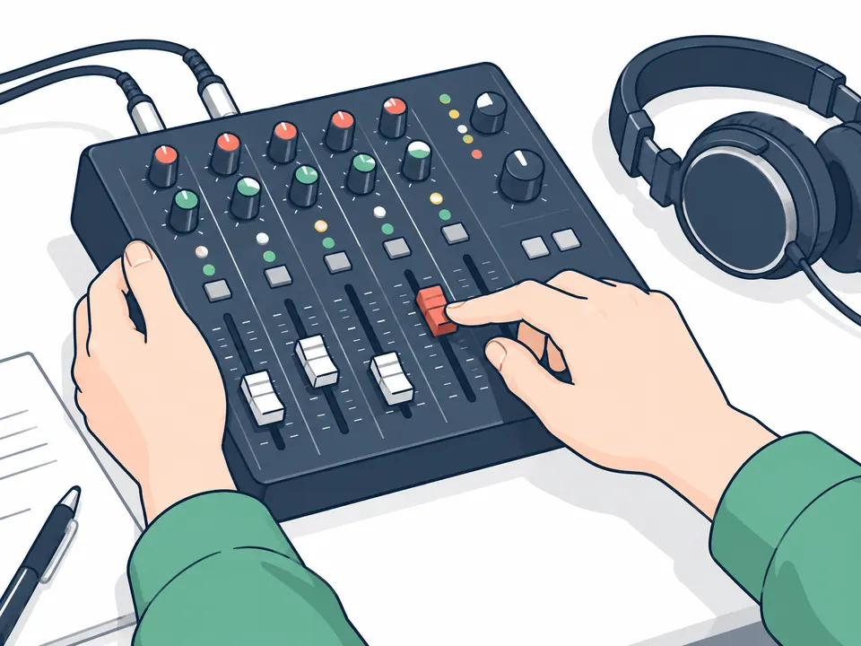 音響ミキサーに指を添えて、音量を整えている手元
