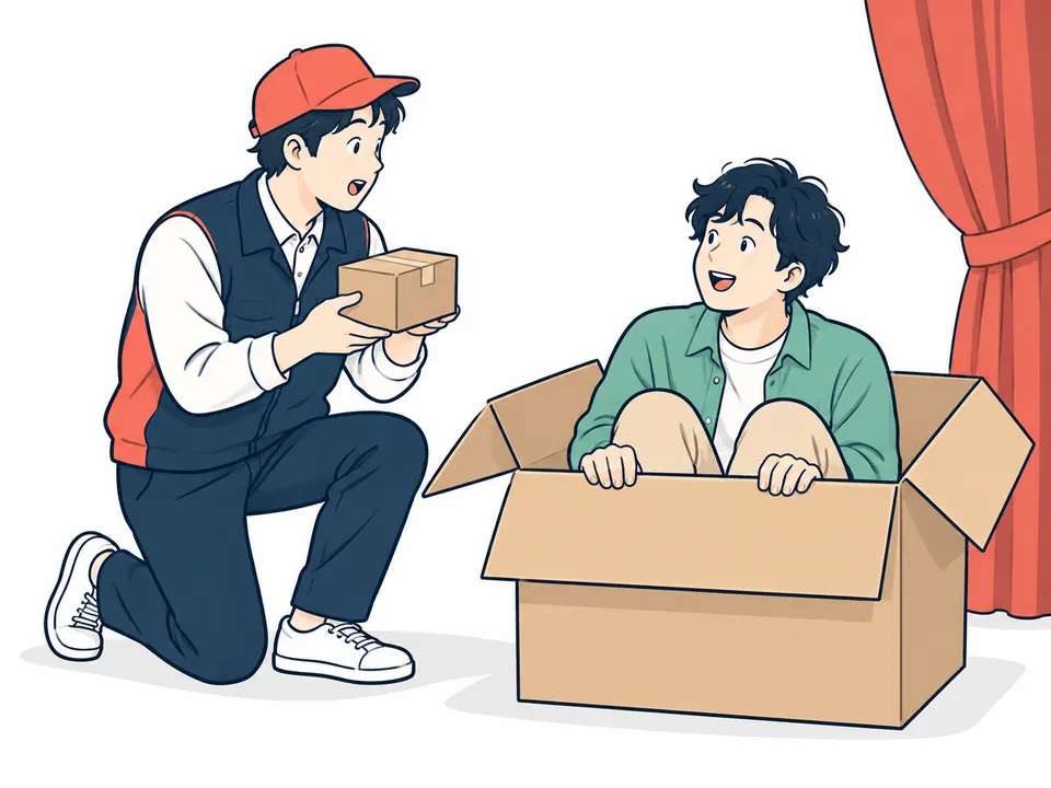 段ボール箱に入った男性に、配達員が小さな荷物を差し出す場面