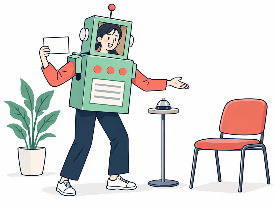 段ボールのロボットの衣装を着て、カードを手に受付の役を演じる人