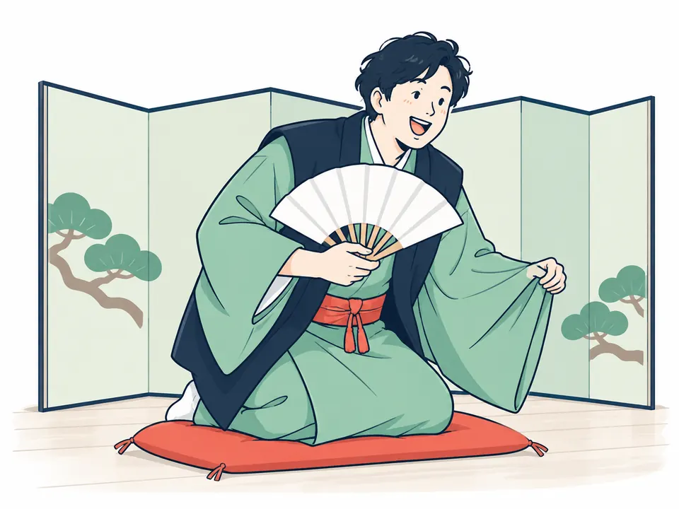 びょうぶの前の座布団に座り、扇子を広げて演じる着物姿の男性