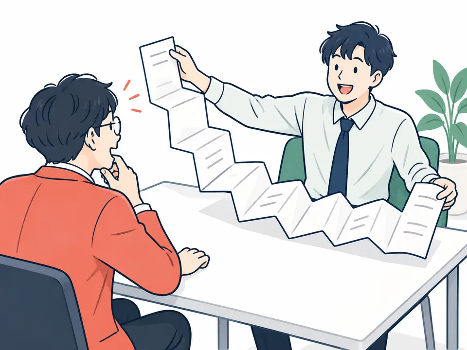 机をはさんで、長くつながった書類を広げて見せる男性と、あごに手を当てて見る人