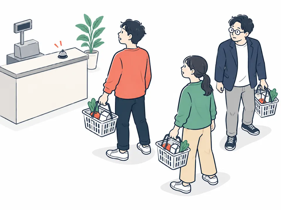 レジの前で、買い物かごを手に並ぶ3人