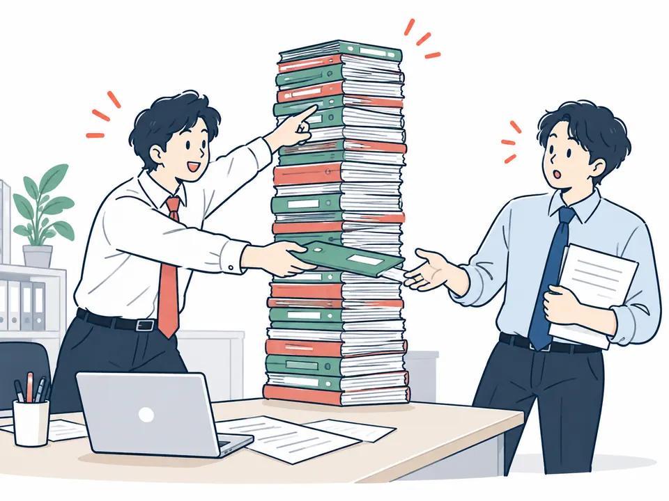 ファイルの山を指さしながら、同僚に1冊を手渡す会社員