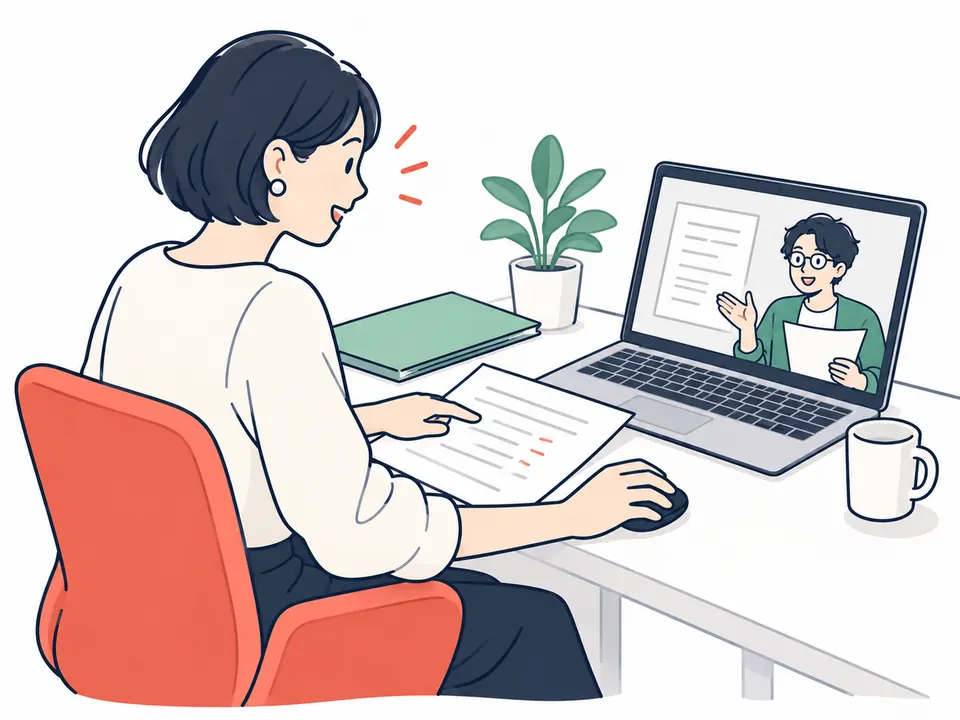 ノートパソコンで台本の相談をしながら原稿を見る女性