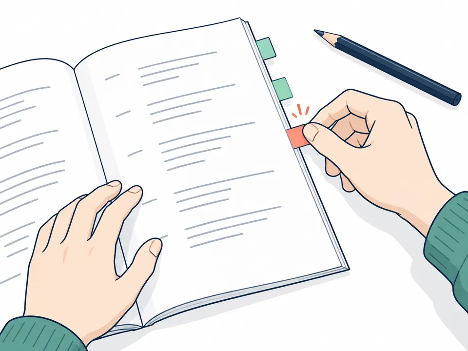開いた原稿の読み返したいところに、付箋を貼っている手元