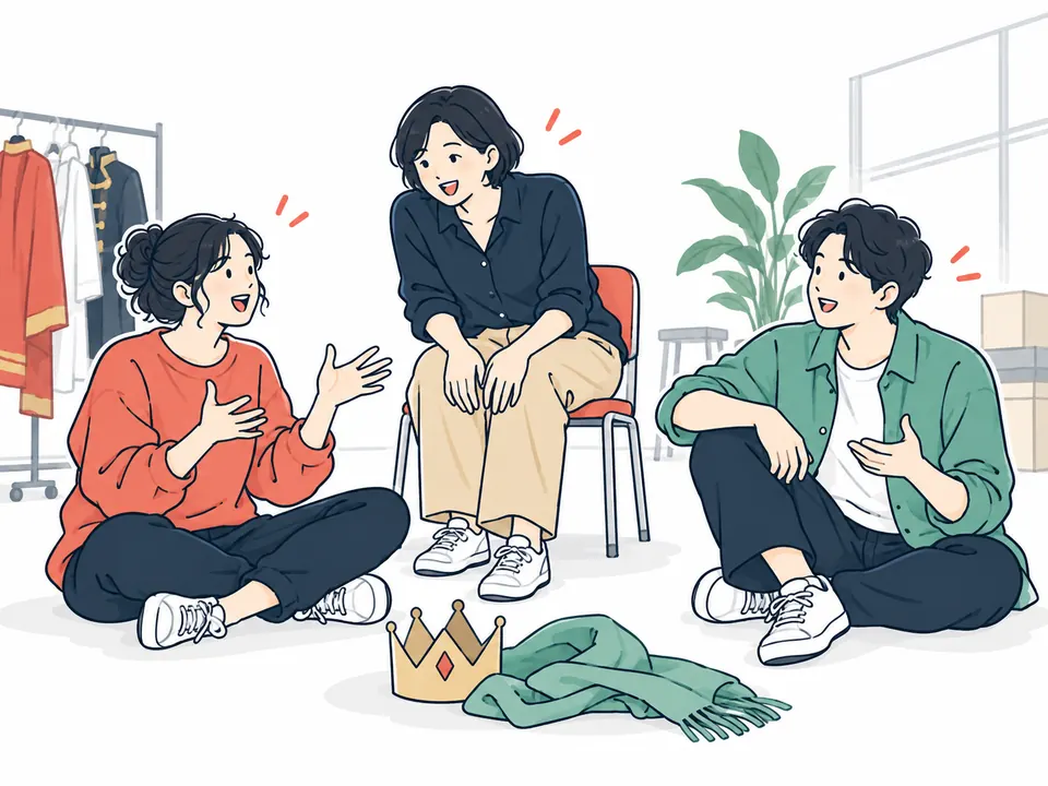 王冠とストールを前に、床に座って笑顔で語り合う3人
