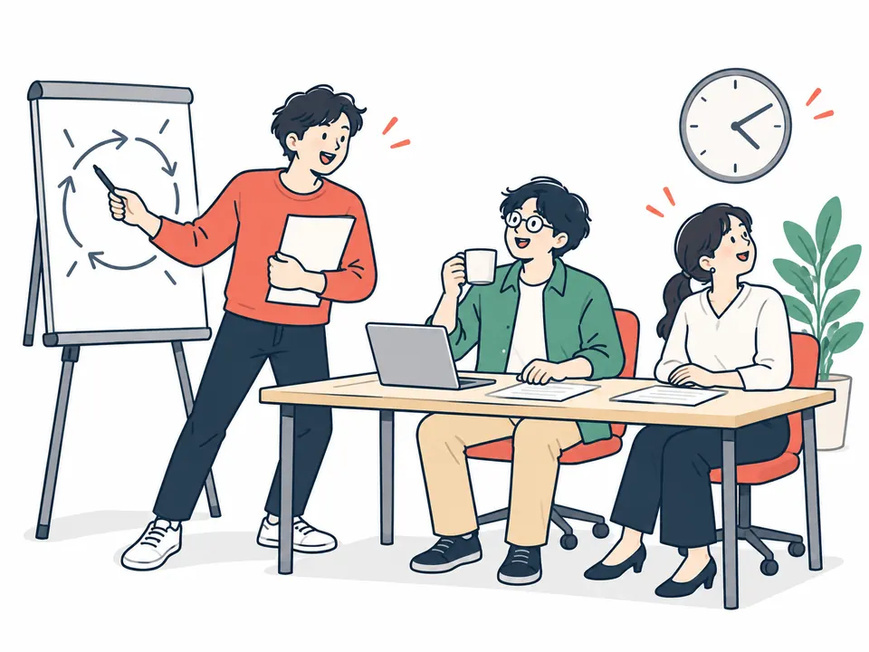 会議室でボードの前に立って話す人と、笑顔で聞く同僚2人