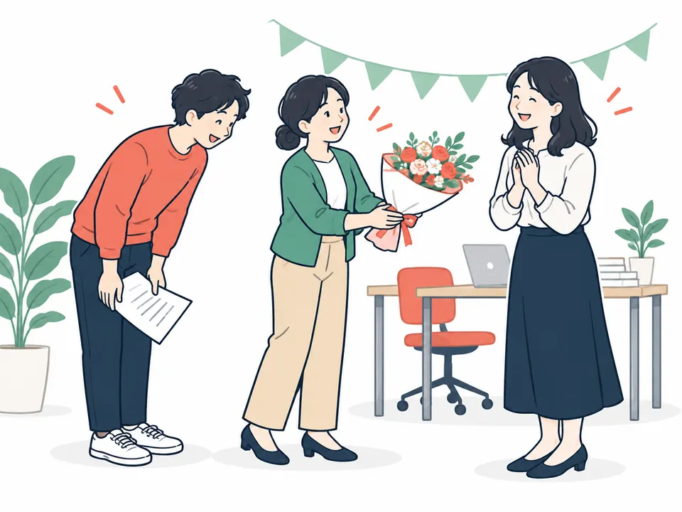手紙を持っておじぎする男性と、花束を受け取って喜ぶ女性