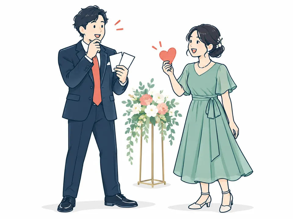 メモを手に話すスーツの男性と、ハートを持つドレスの女性