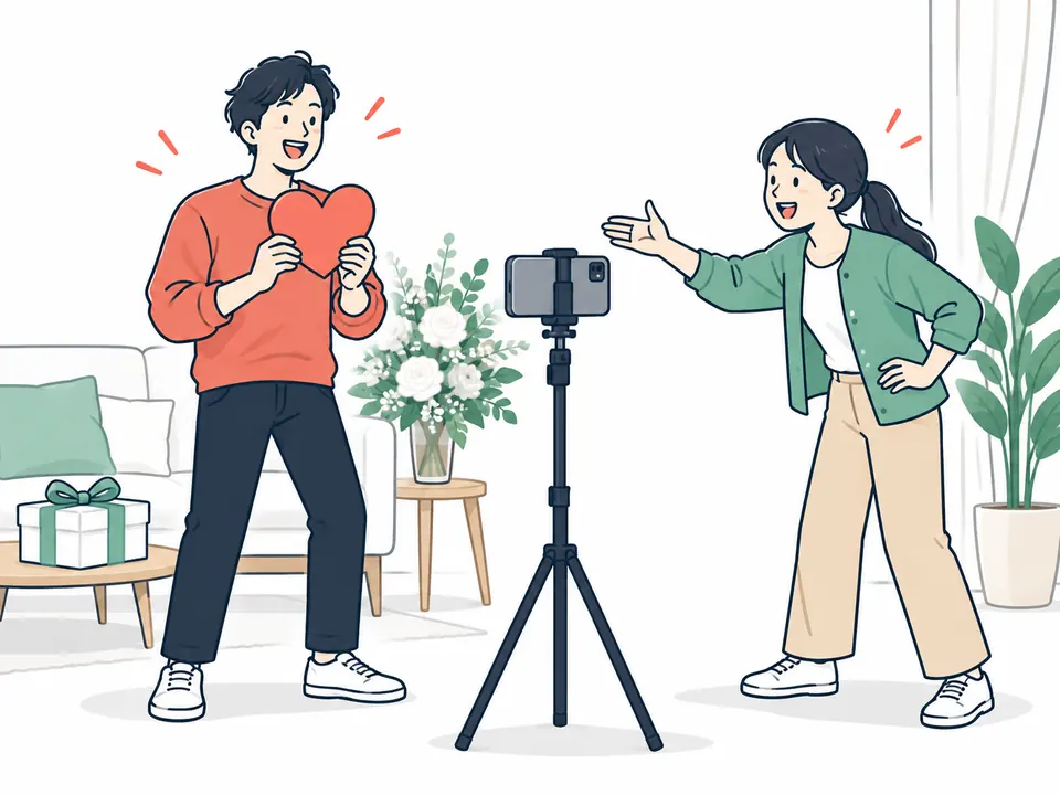 三脚のスマホの前でハートを持つ男性と、合図を送る女性