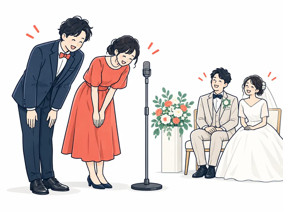 マイクの前でそろってお辞儀をする男女と、笑顔の新郎新婦