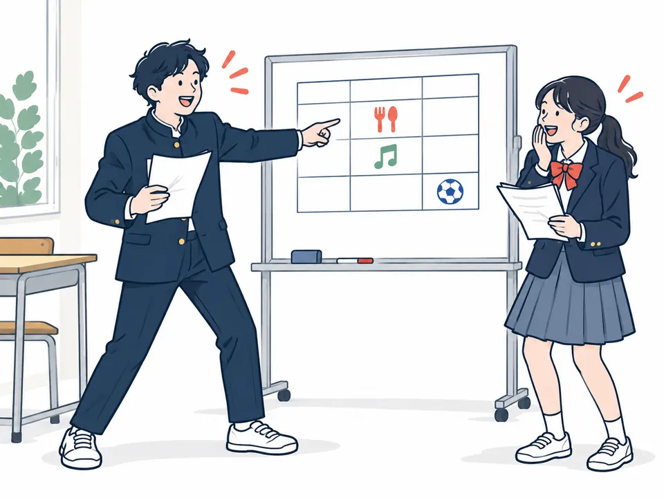 時間割を書いたホワイトボードの前で漫才をする制服の高校生2人