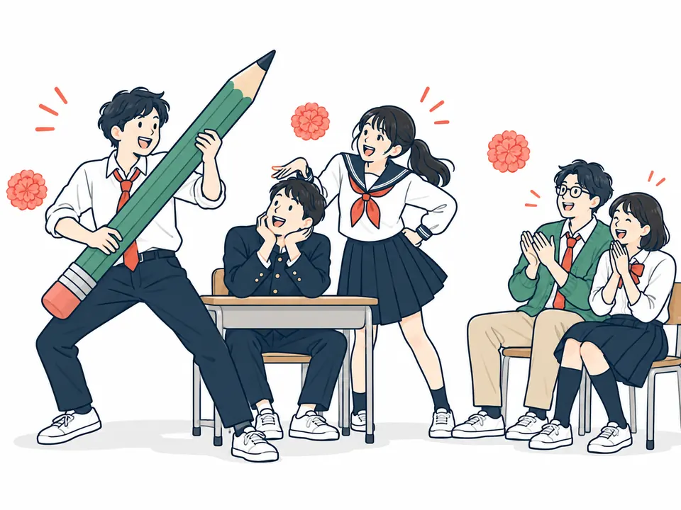 大きな鉛筆を手に寸劇を演じる制服の生徒たちと、拍手する仲間