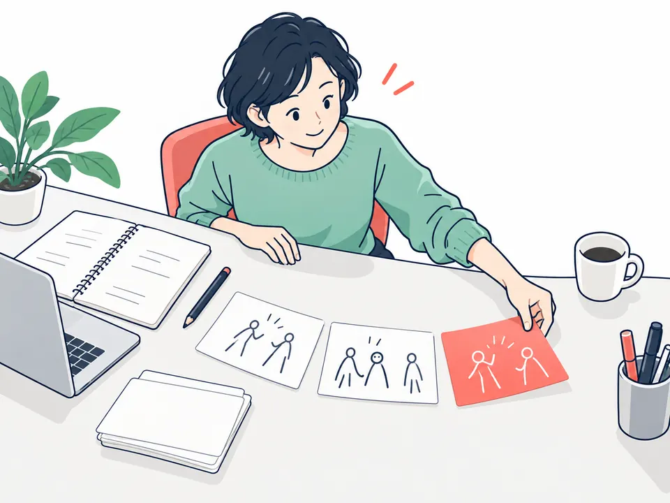 3枚の絵カードを並べて、漫才のつかみからオチまでの流れを考える人