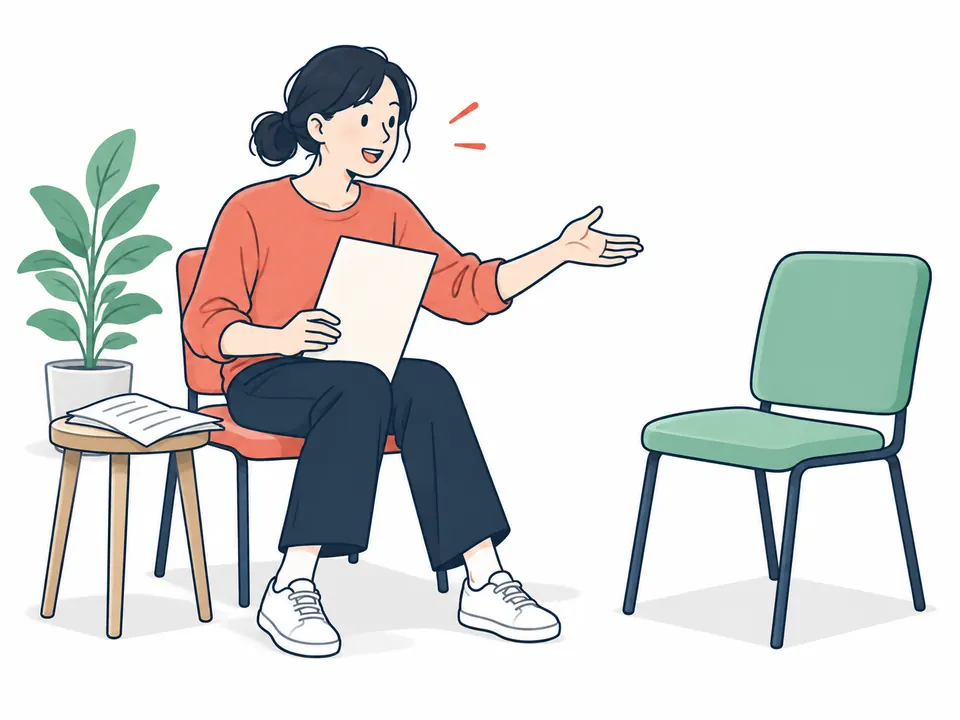 台本を手に、誰も座っていないいすへ話しかける女性