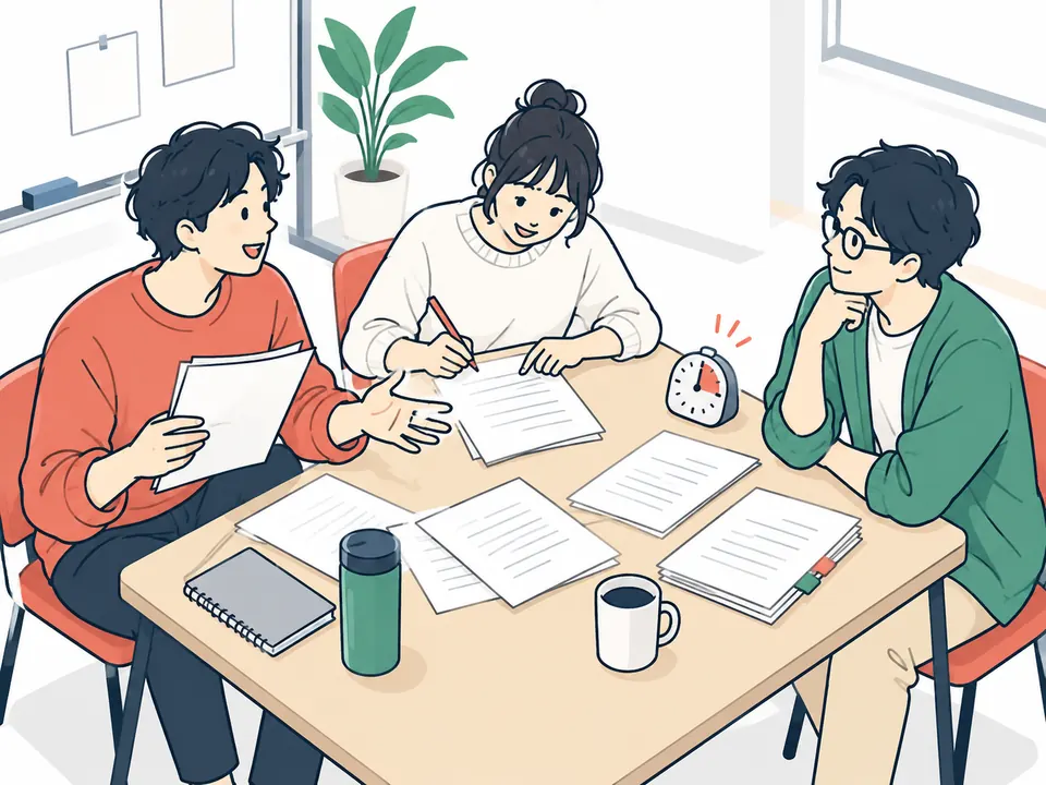テーブルをはさんで座り、台本を読み合わせる2人