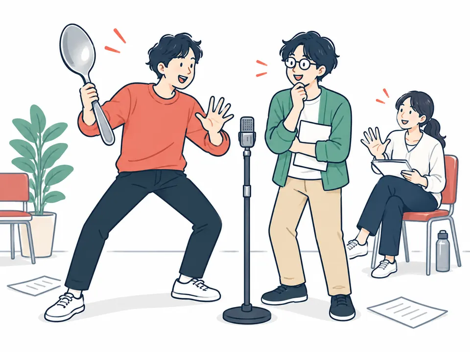 相方の言葉を待ちながら、間を合わせて練習する2人