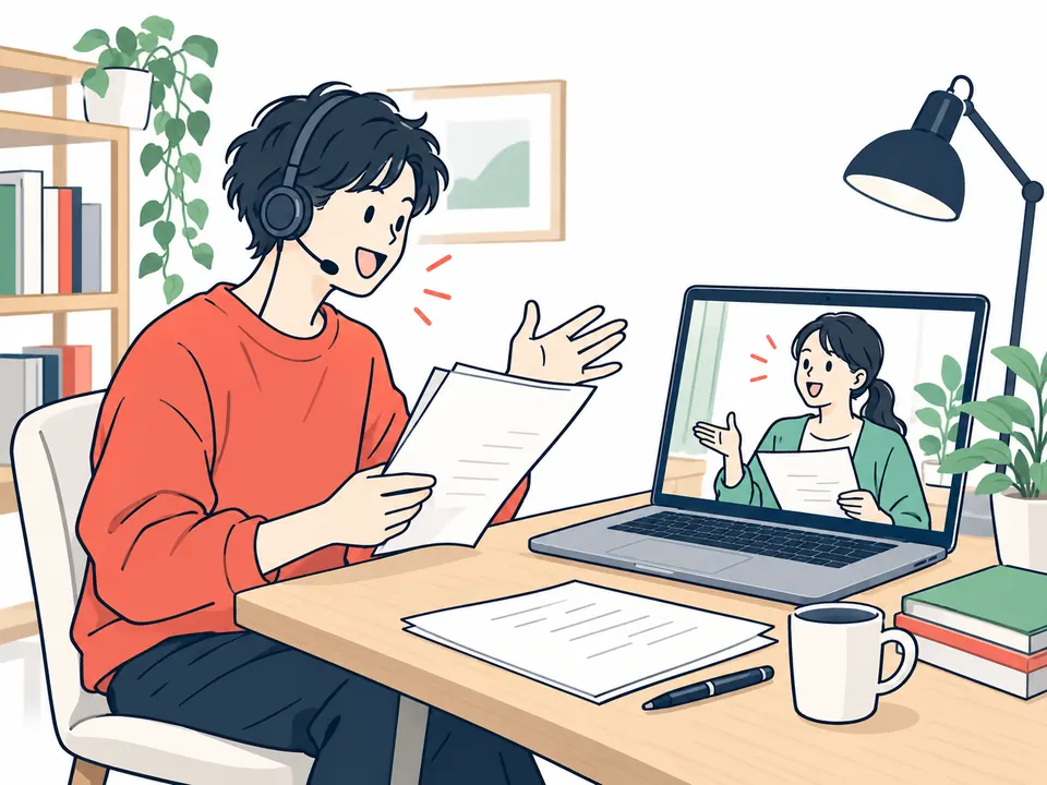 ビデオ通話の画面ごしに、台本を持って読み合わせをする2人