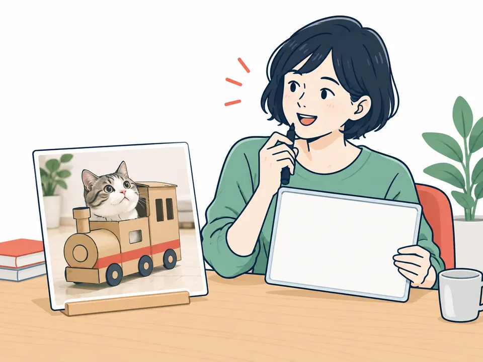 段ボールの汽車に乗った猫の写真を前に、答えを考える女性