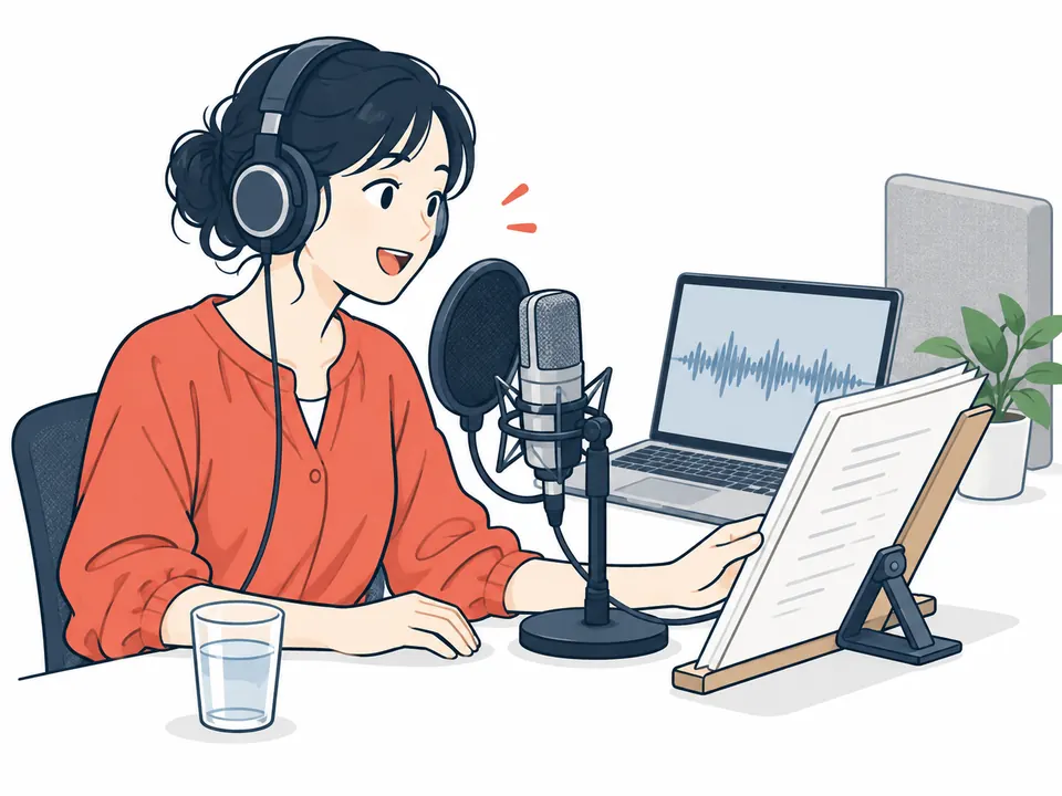 ポップガード付きのマイクに向かい、台本を読んで声を録る女性