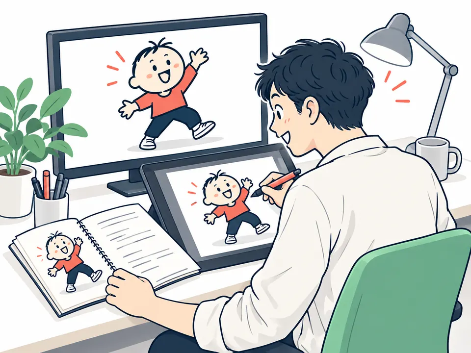 ペンタブレットでコントアニメのキャラクターを描く人