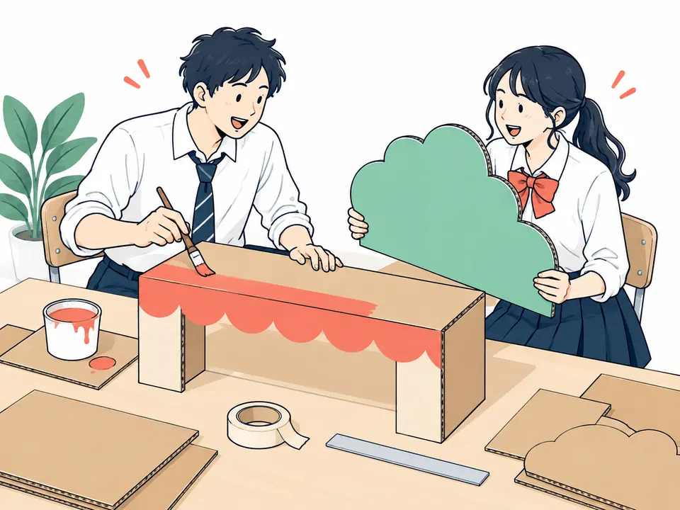 段ボールの台に色を塗り、雲の形の板を作る2人