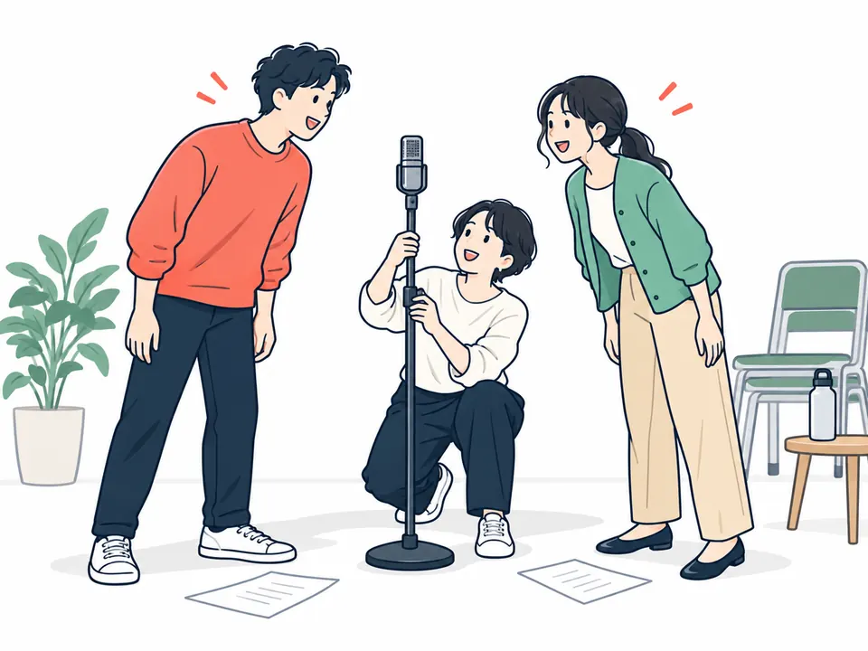 センターマイクの高さを合わせて、立ち位置を決める2人
