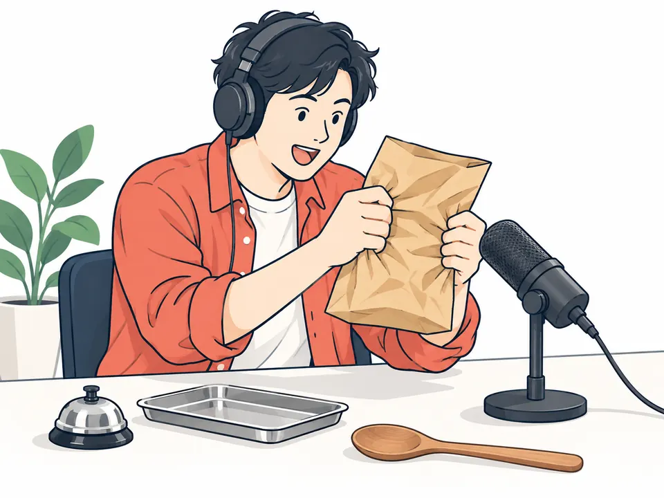 ヘッドホンをつけ、マイクの前で紙袋を鳴らして効果音を録る人
