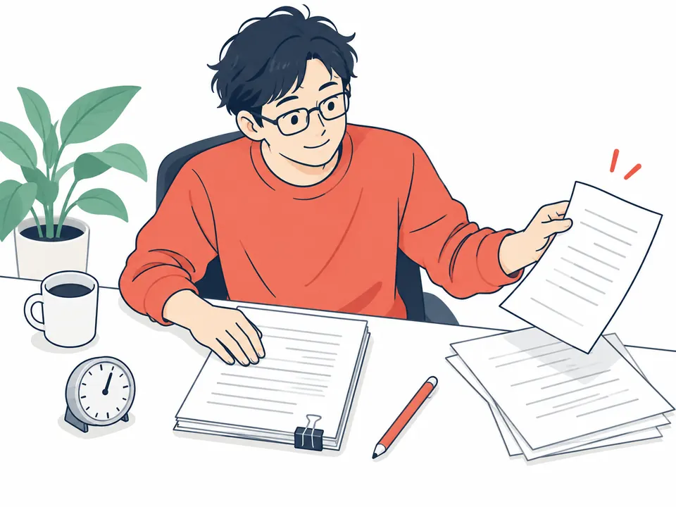 机に原稿を広げ、1枚を手に取って見直す男性