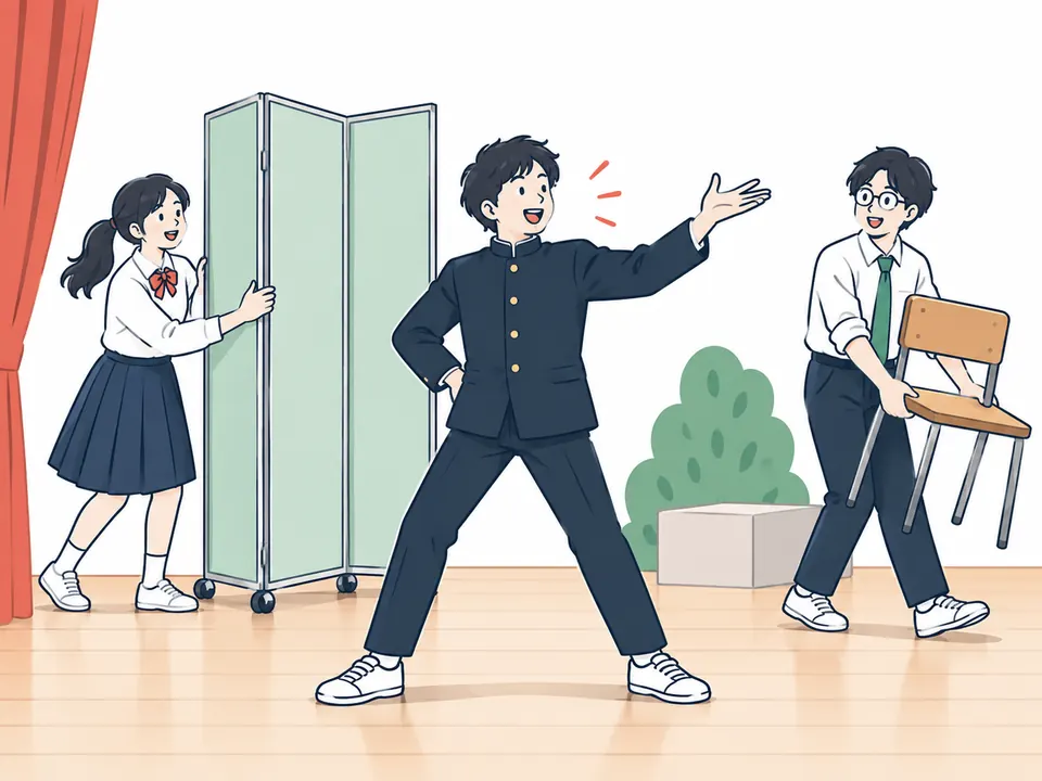 ついたてを動かす女子生徒と、ポーズを決める学生服の男性、いすを運ぶ男性