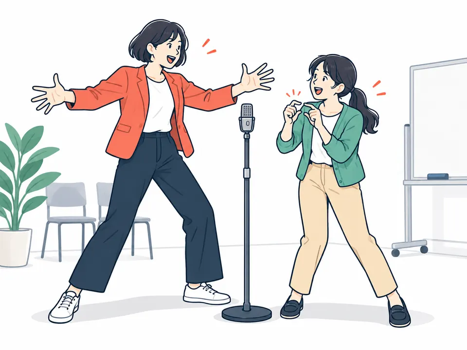 2人で掛け合いをしながら余興を演じる女性