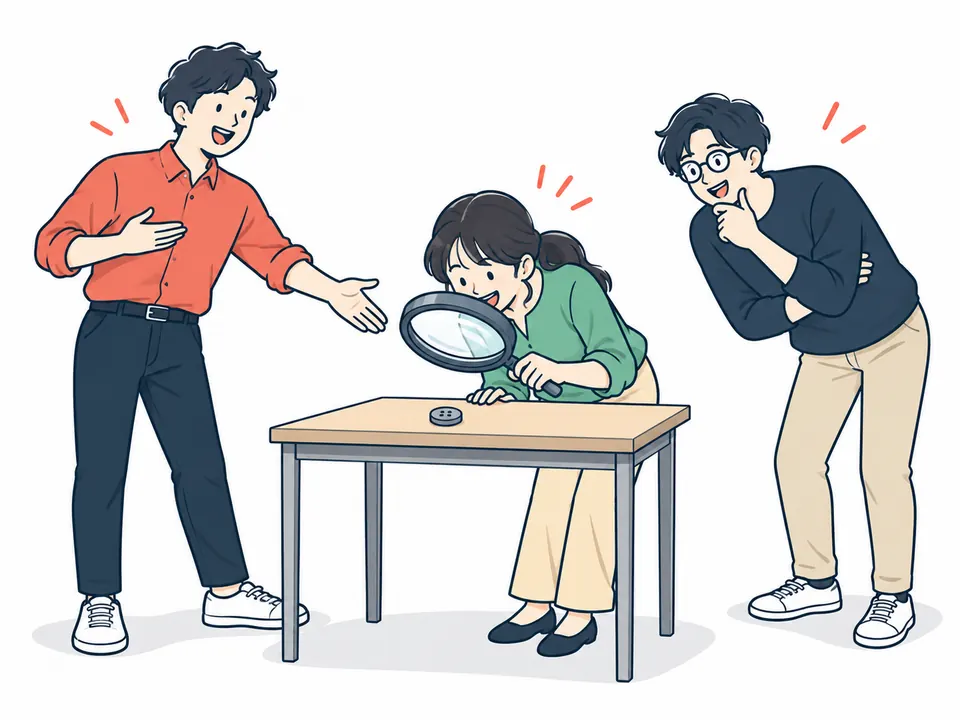 紹介する人、虫めがねをのぞく人、考えこむ人に分かれた3人