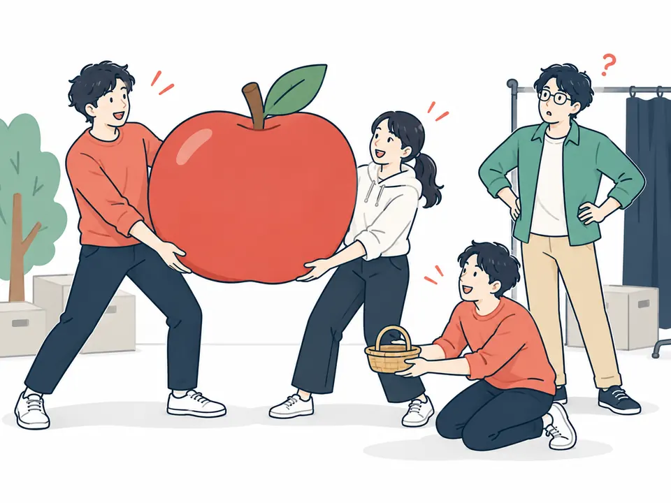 大きなりんごの小道具を使い、4人で寸劇を演じる様子