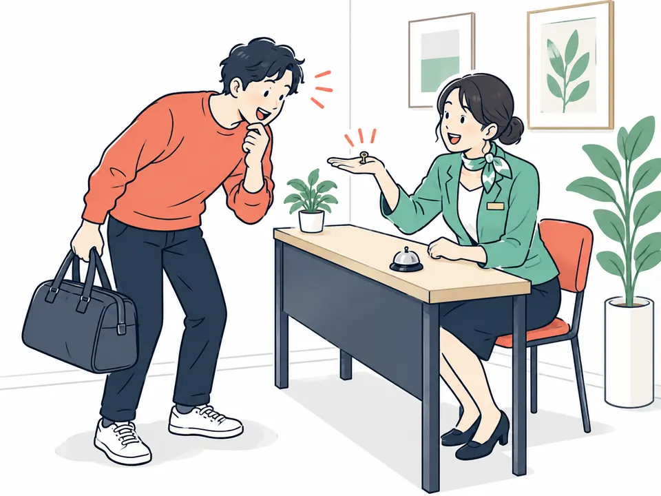 小さな受付の机で、バッグを持った男性を笑顔で迎える女性