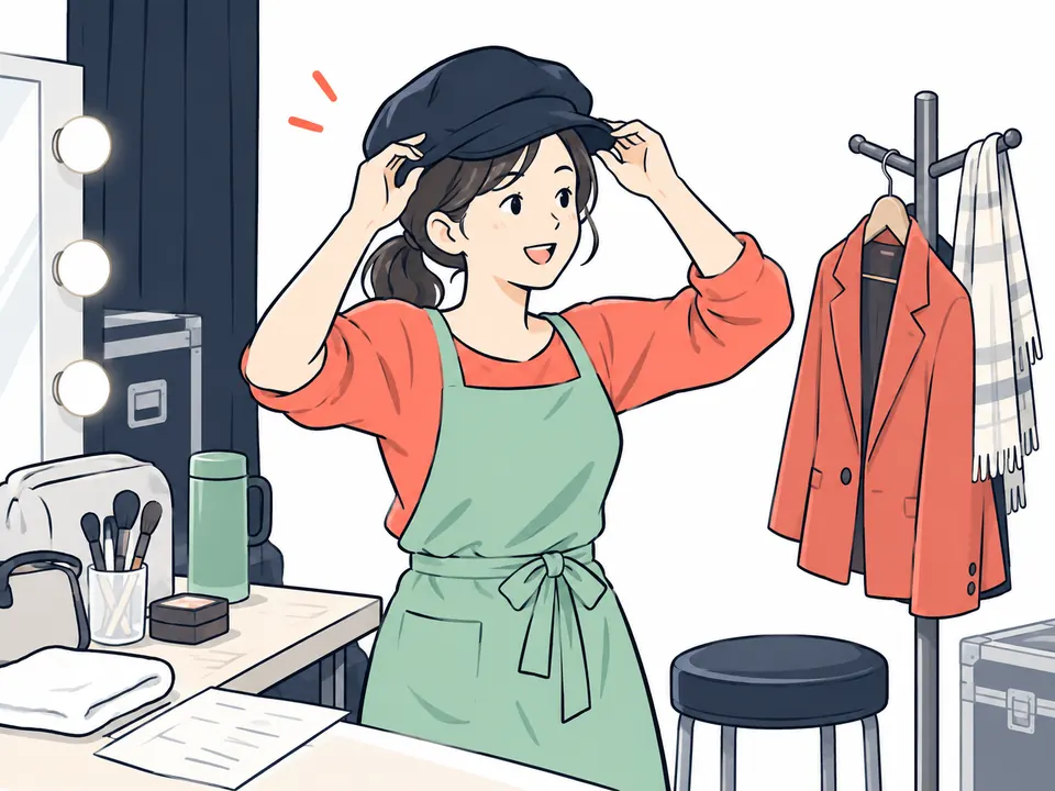 楽屋の鏡の前で、エプロン姿のまま帽子をかぶる女性