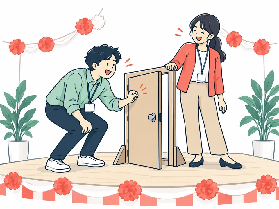 小道具のドアをノックする男性社員と、笑顔で迎える女性社員