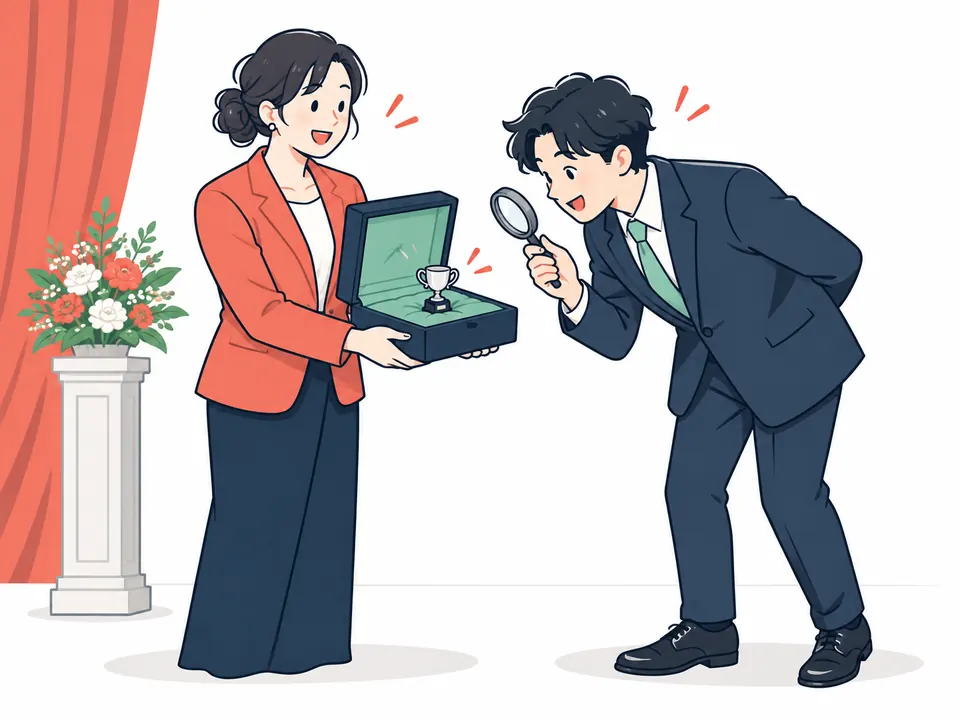 小さなトロフィーを差し出す女性と、虫めがねでのぞきこむ男性