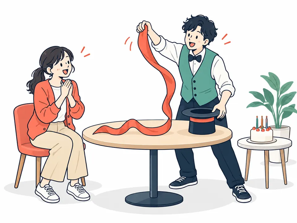 帽子から長いリボンを引き出す男性と、手を合わせて喜ぶ女性