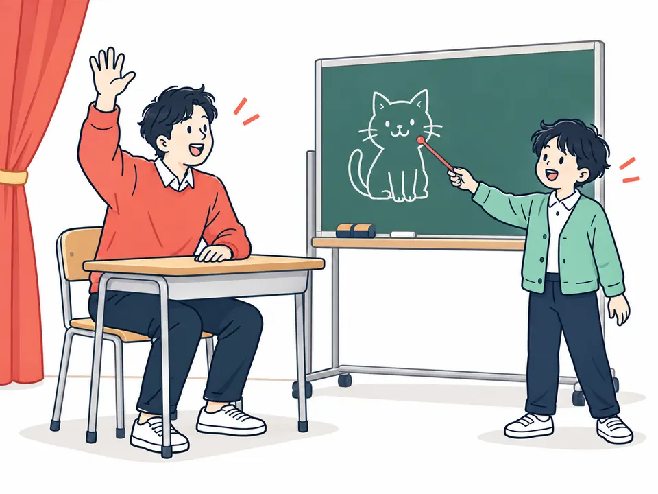 黒板の前で先生役の子どもと、手を挙げる大人が楽しそうに演じる様子