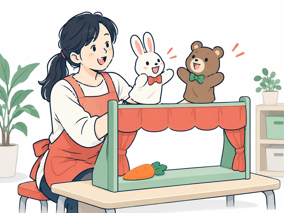 うさぎとくまの手袋人形で人形劇を演じる保育士
