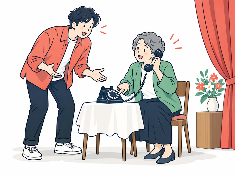 黒電話をかける年配の女性と、横から話しかける若い男性