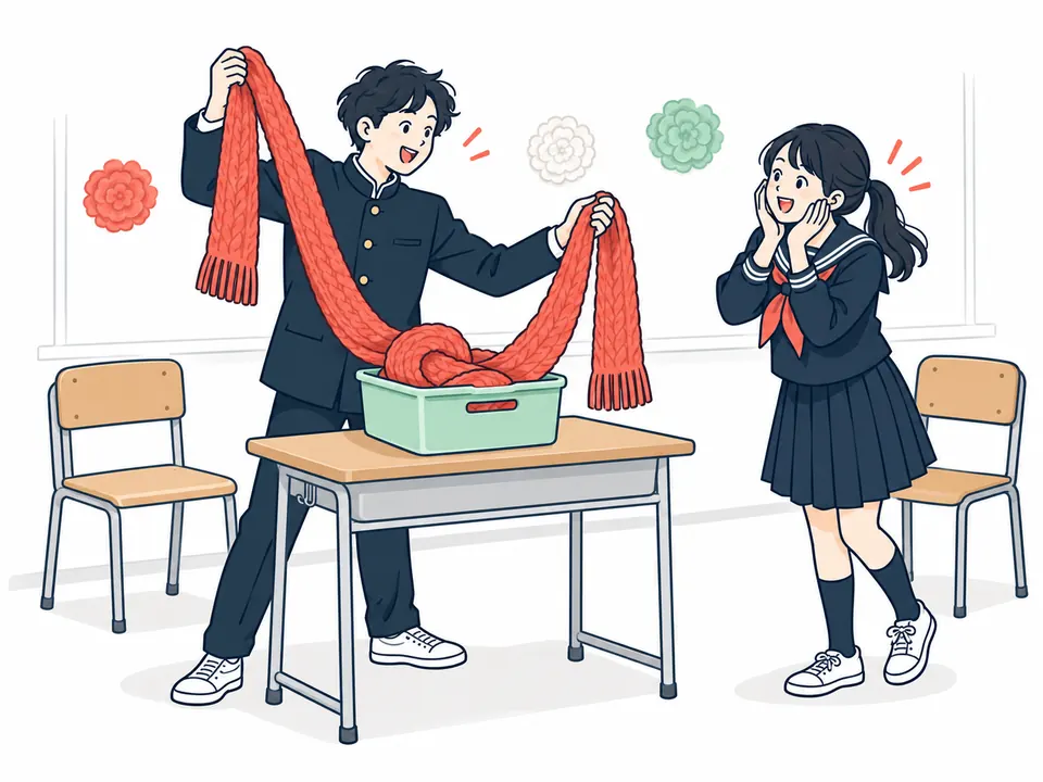 教室の机の上の箱から、長いマフラーを引っぱり出す学生服の男性と、おどろく女子生徒