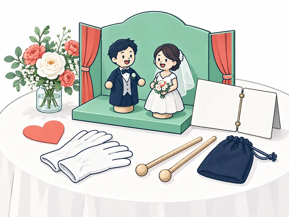 新郎新婦の人形の小さな舞台や手袋を並べた丸テーブル